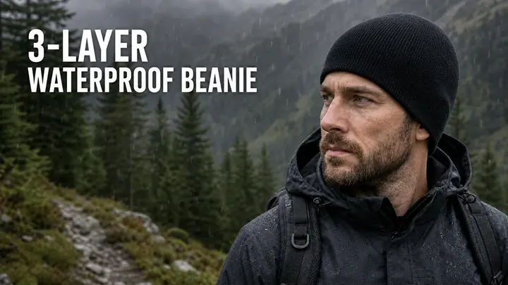 Male hiker wearing a black 3-layer waterproof beanie in rainy mountain conditions