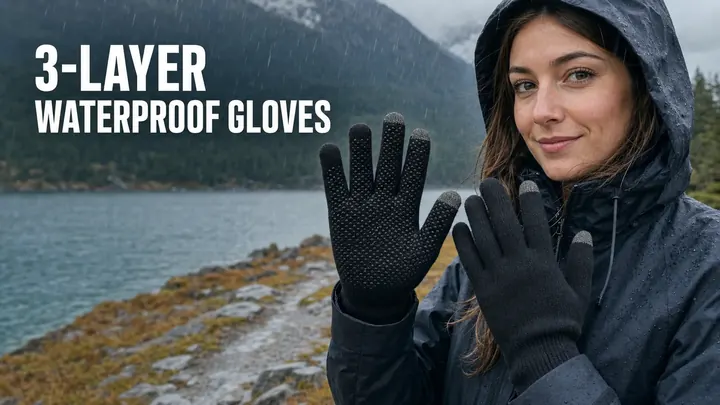 Woman showing 3-layer waterproof touchscreen gloves with anti-slip palm grip in rainy weather