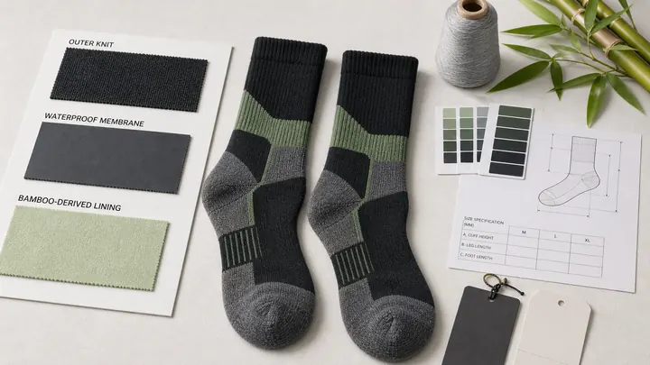 Finished three-layer waterproof socks with separate outer knit waterproof membrane and bamboo-derived lining material swatches
