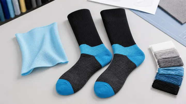 Finished blue and black three-layer waterproof socks with a separate cool-touch lining fabric swatch