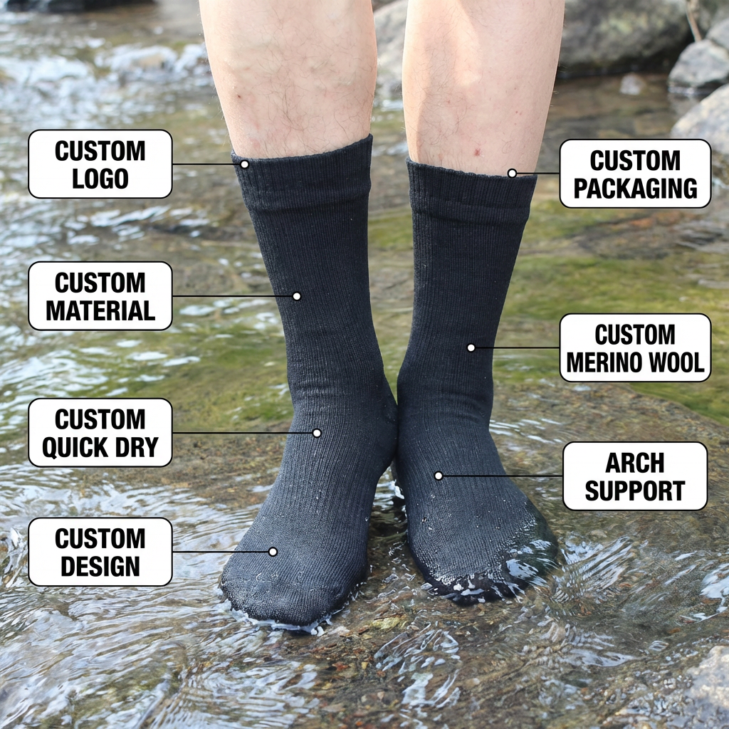 Crew waterproof socks custom logo packaging material merino wool quick dry arch support options