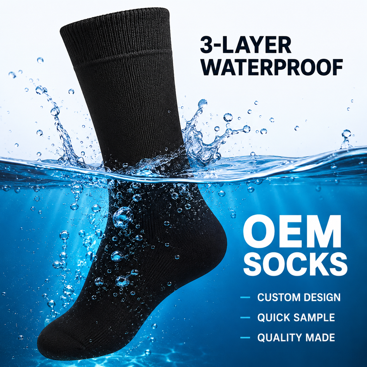 Crew waterproof sock in water showing 3-layer waterproof OEM sock reference