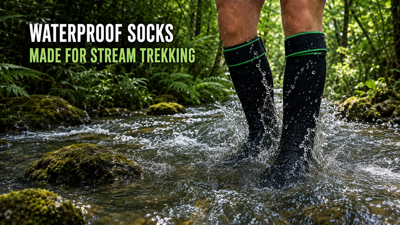 Cuff-strap waterproof socks used in a stream trekking creek crossing scene