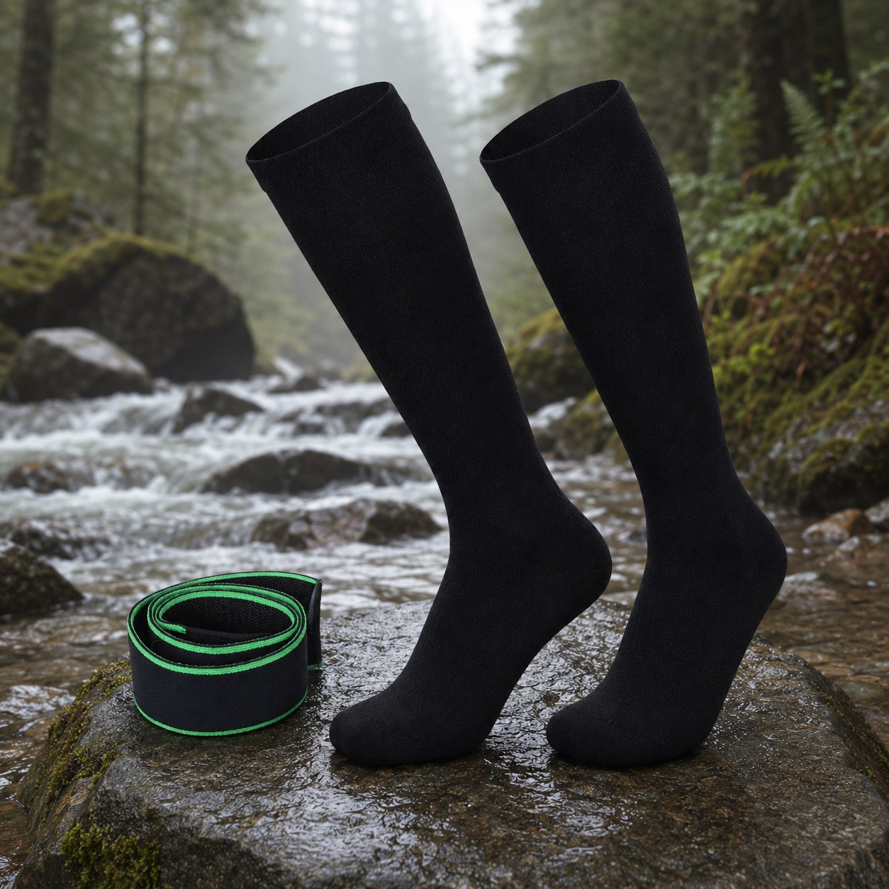 Cuff-strap waterproof socks product kit with black knee-high socks and water stop seal belt