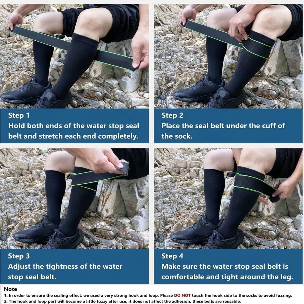 Four-step guide for wearing the water stop seal belt over cuff-strap waterproof socks