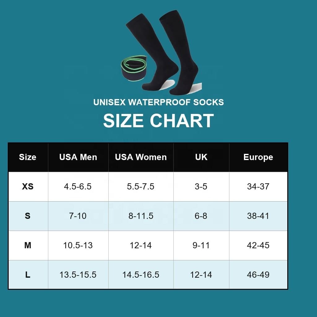 Cuff-strap waterproof socks unisex size chart for XS S M and L