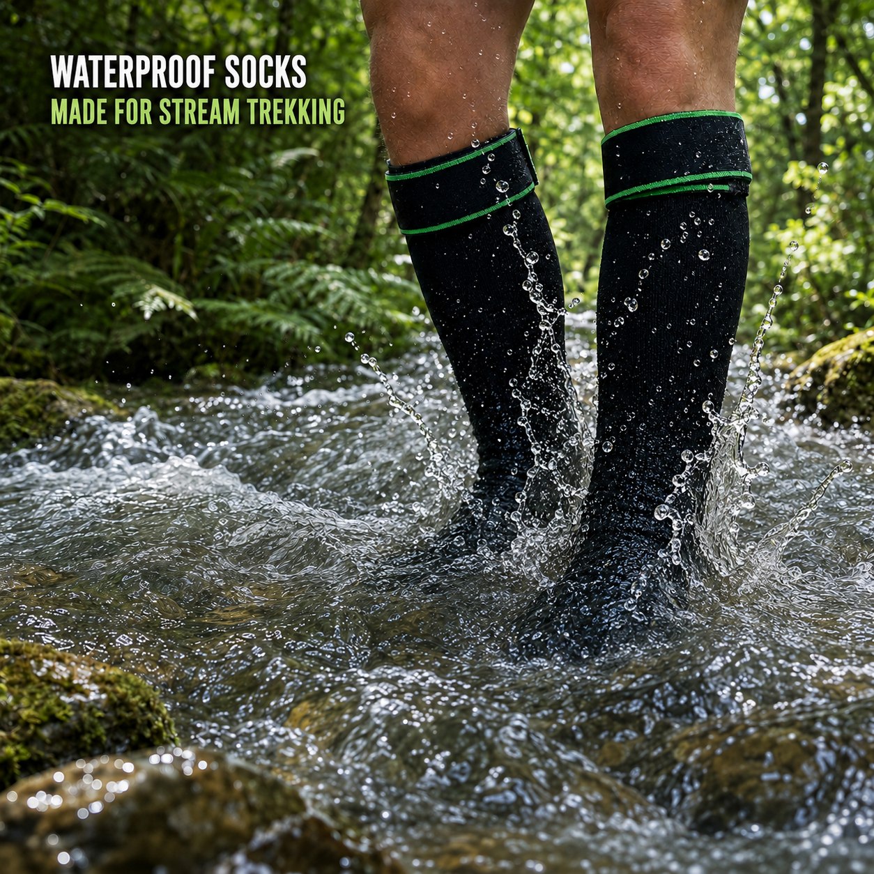 Cuff-strap waterproof socks made for stream trekking and splash-heavy creek crossing