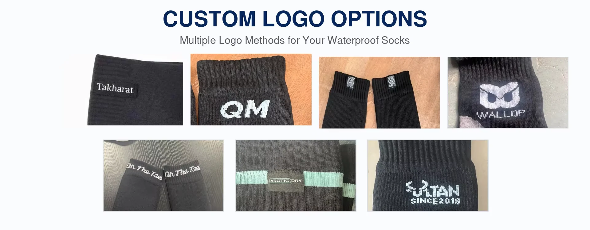 Custom waterproof sock logo methods including knitted jacquard embroidery and woven labels