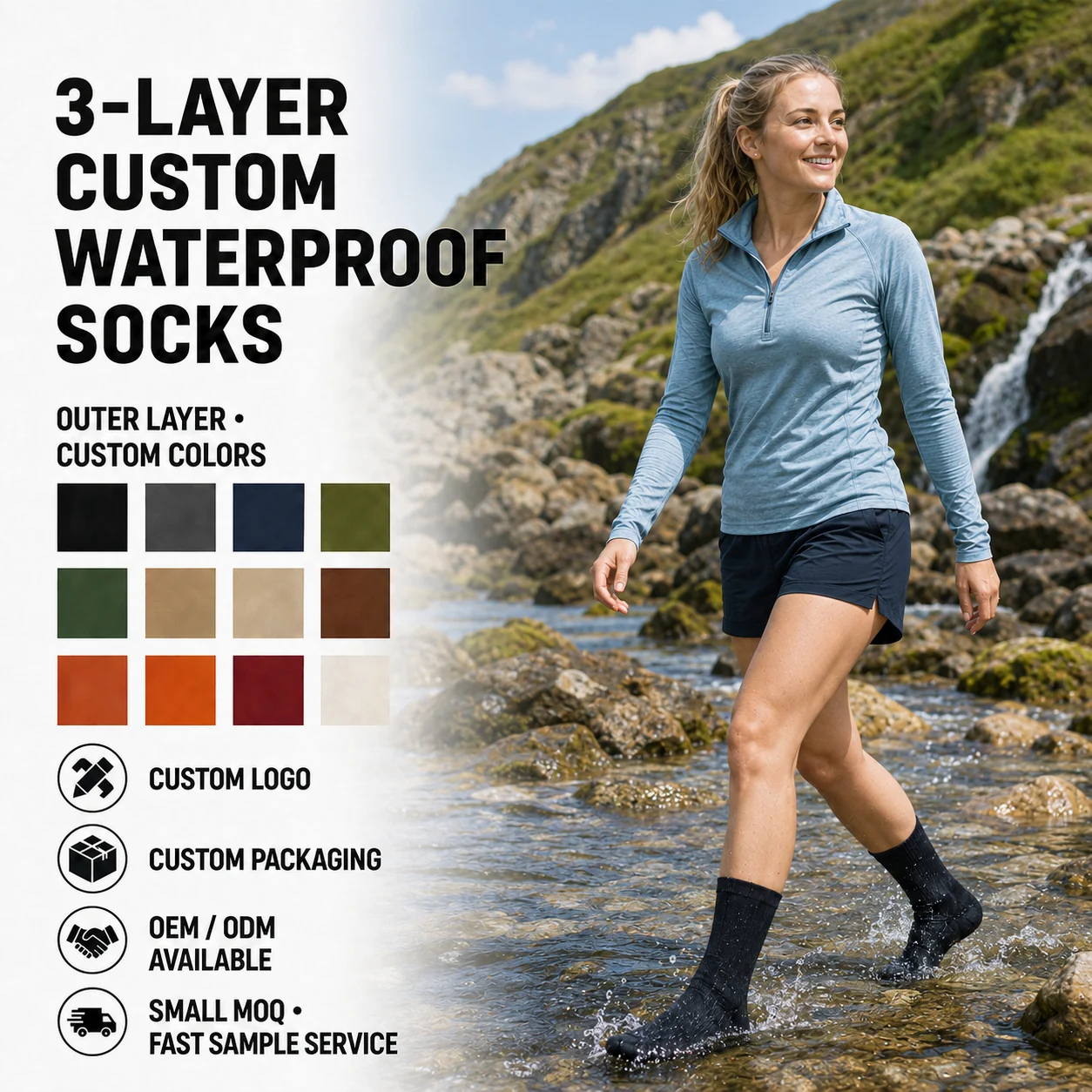 Custom three-layer waterproof socks colors logo packaging OEM and fast sample options