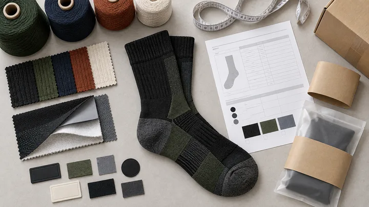 Waterproof socks with yarn colors materials packaging and a quotation specification sheet