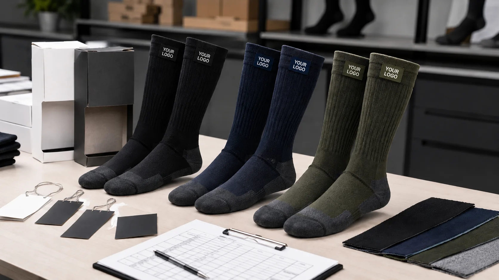 Custom waterproof socks with logo labels material swatches packaging and a product specification sheet