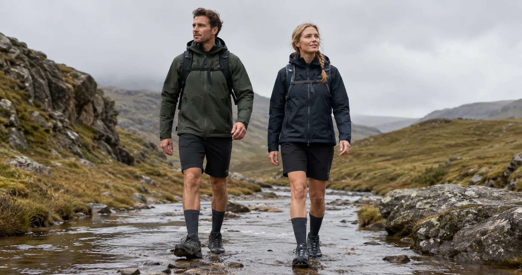 Waterproof socks hikers crossing a wet mountain stream