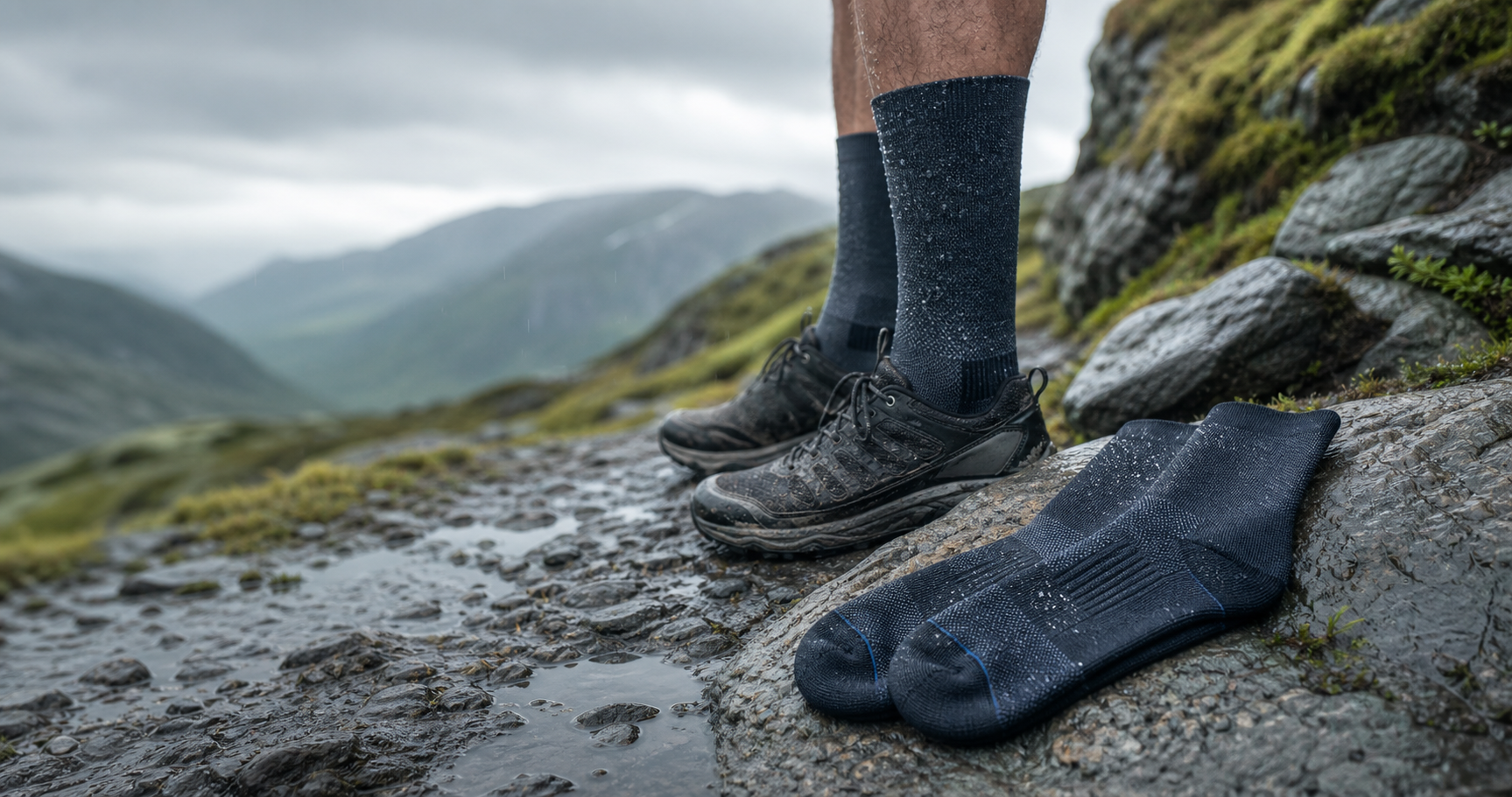 Waterproof socks on a wet mountain trail