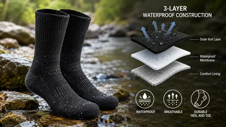 3-layer waterproof socks construction with waterproof membrane and comfort lining