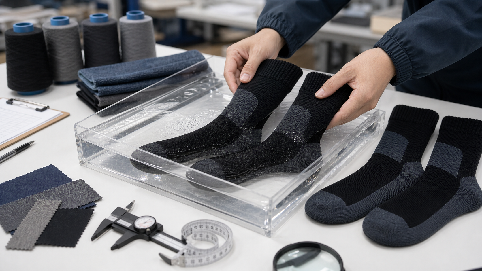 Factory testing 3-layer waterproof socks before bulk order