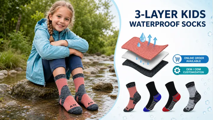 Child wearing pink and grey three-layer waterproof socks beside a waterproof layer diagram