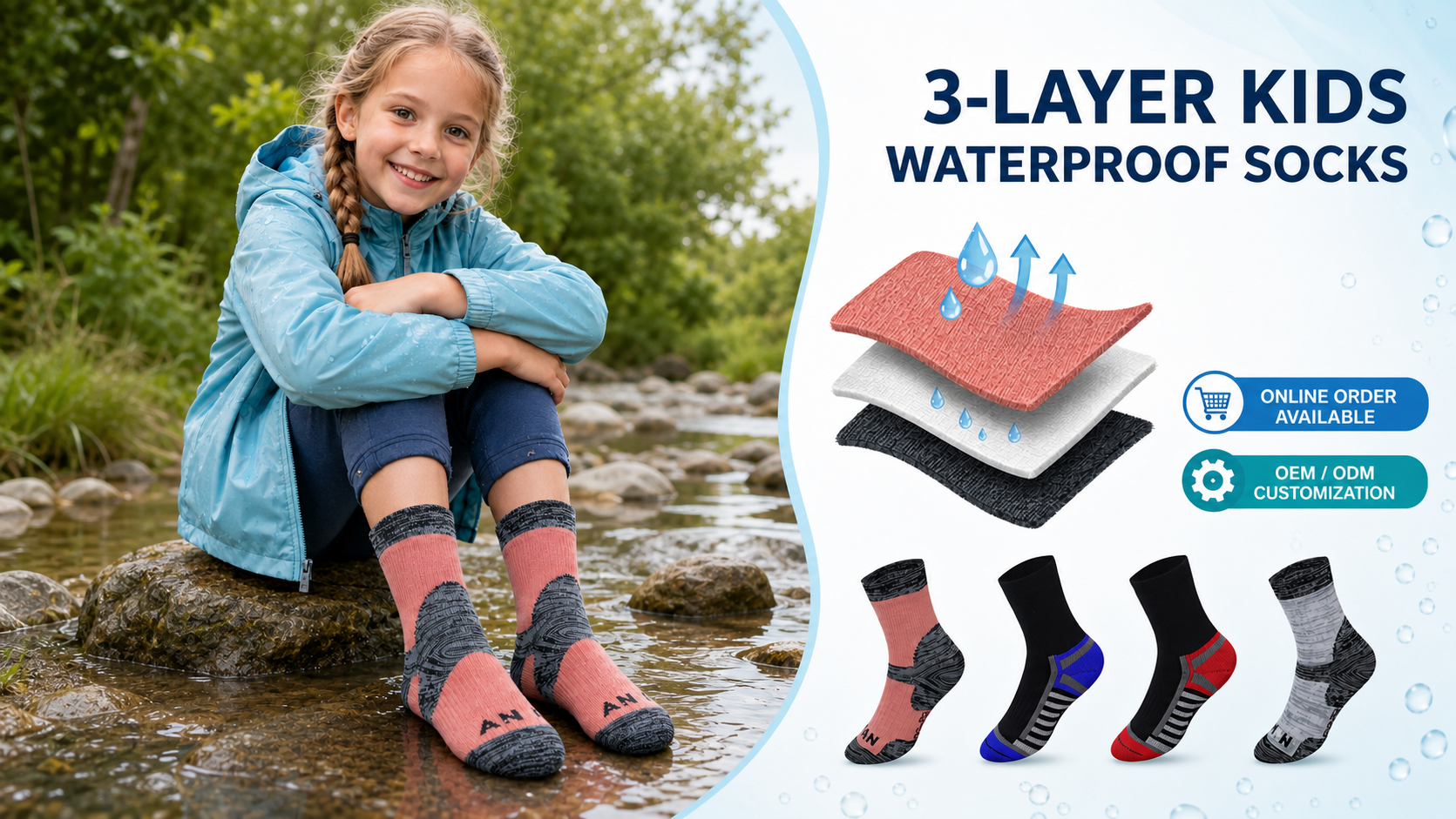 Child wearing pink and grey three-layer waterproof socks beside a waterproof layer diagram