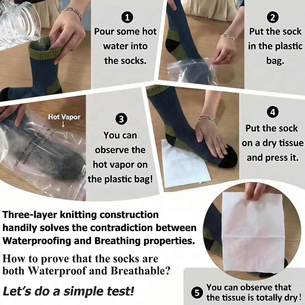 Knee-high waterproof socks breathability test with dry tissue proof