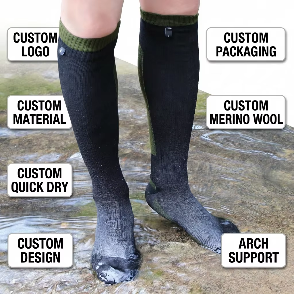 Knee-high waterproof socks custom logo packaging material merino wool quick dry arch support