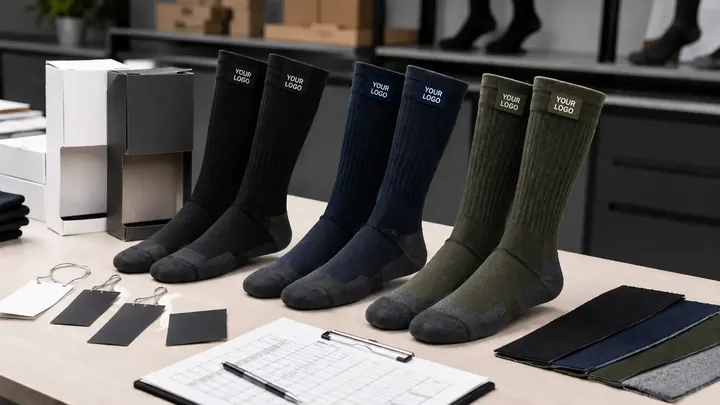 Custom three-layer waterproof sock samples with logo labels color choices packaging boxes and order approval sheet