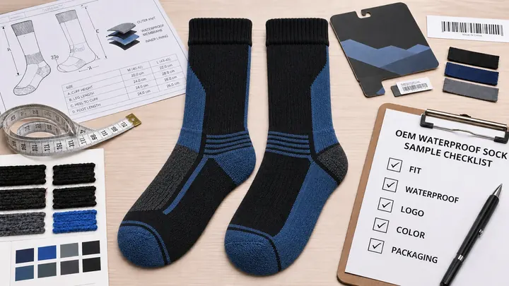 Three-layer waterproof sock samples with size measurements logo colors packaging barcodes and approval checklist