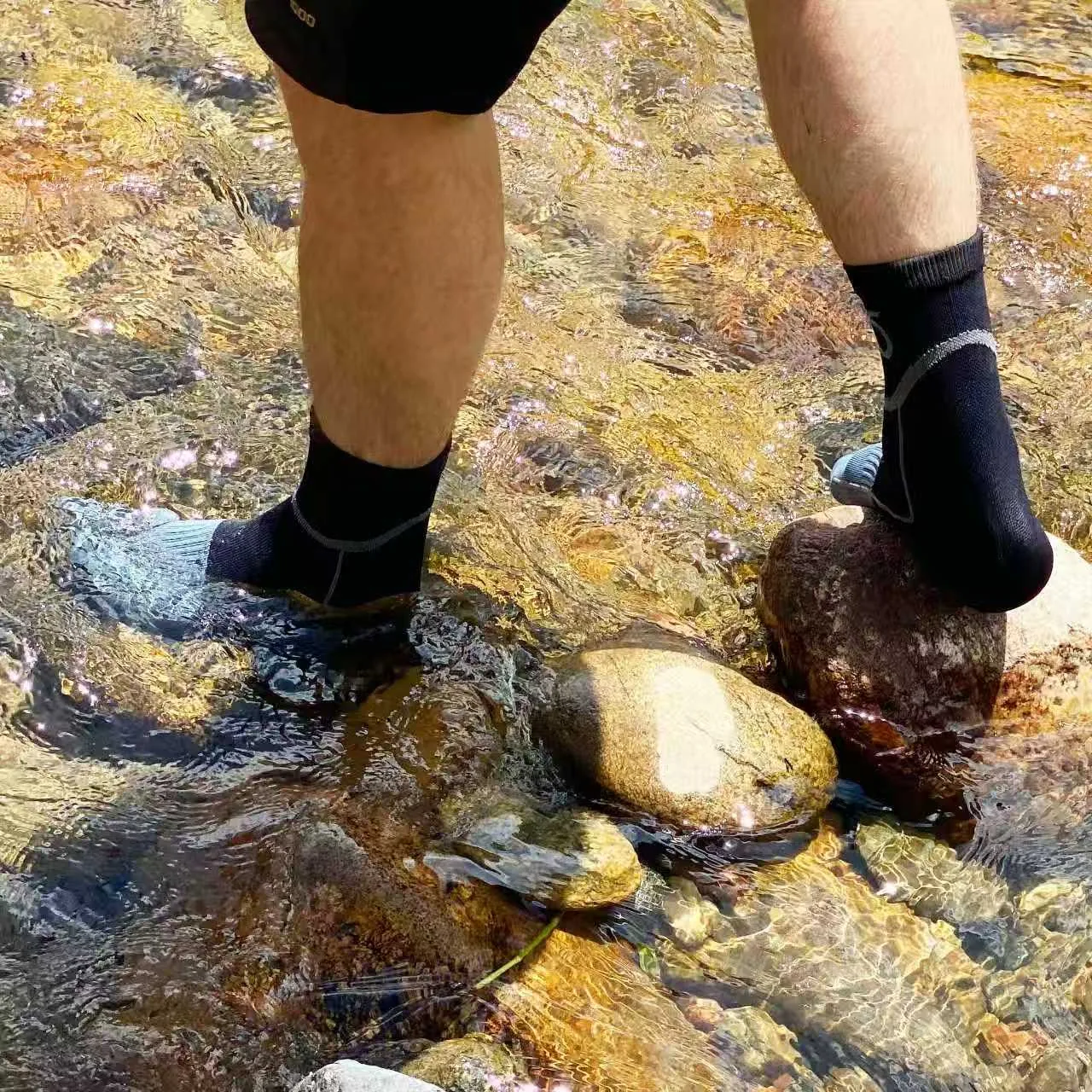Customer waterproof socks in creek water