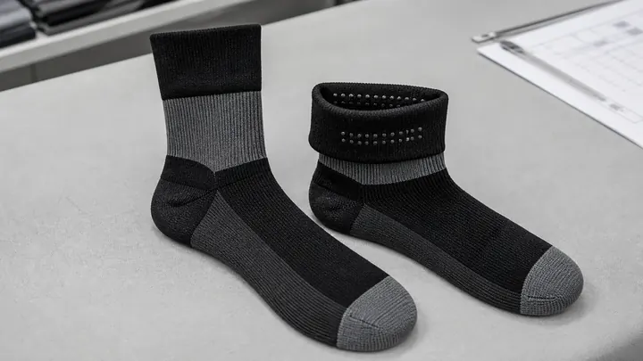 Finished three-layer waterproof socks with one cuff folded to show silicone grip dots on the inside