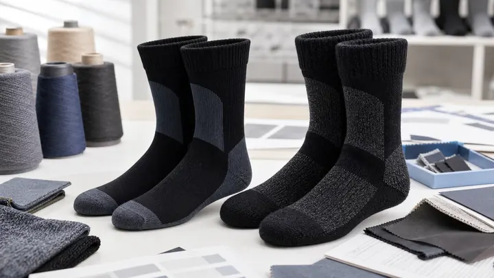 Thin and thick 3-layer waterproof socks compared on a factory sample table
