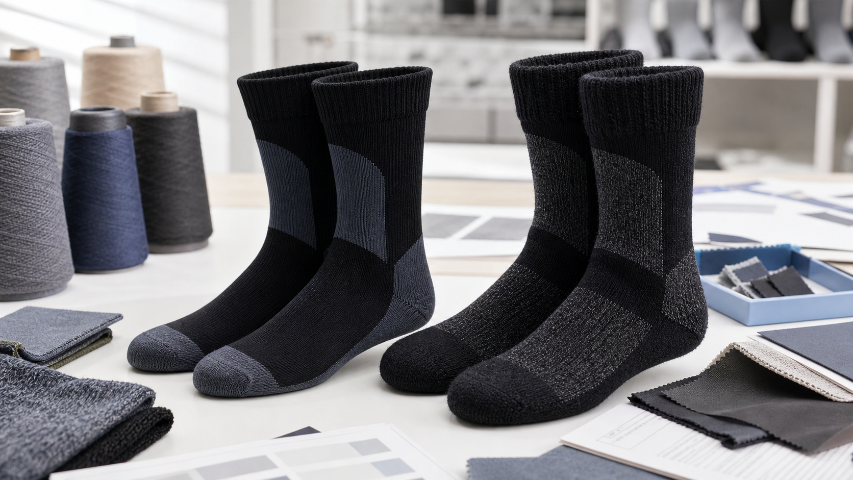 Thin and thick 3-layer waterproof socks compared on a factory sample table