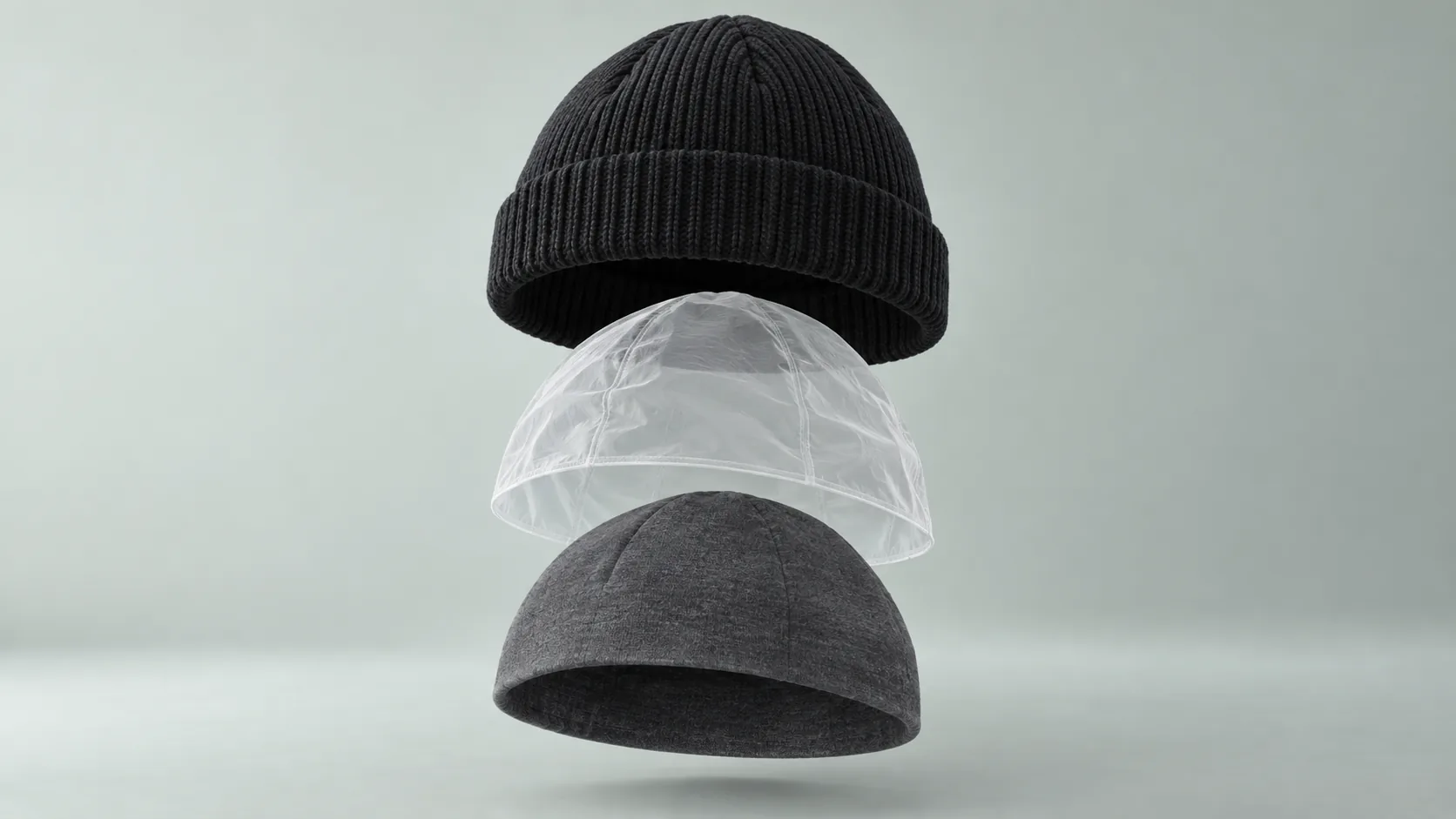 Exploded three-layer waterproof beanie with black outer knit thin membrane and soft gray lining