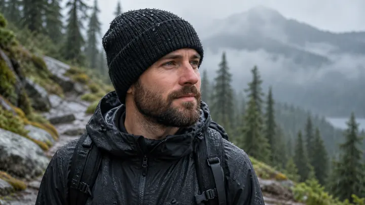 Outdoor product tester wearing a black three-layer waterproof beanie on a rainy mountain trail