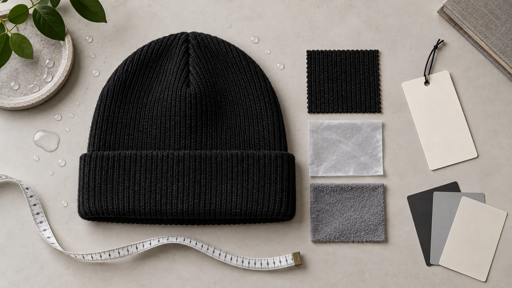B2B waterproof beanie sample inspection with measuring tape layer swatches and blank hangtag
