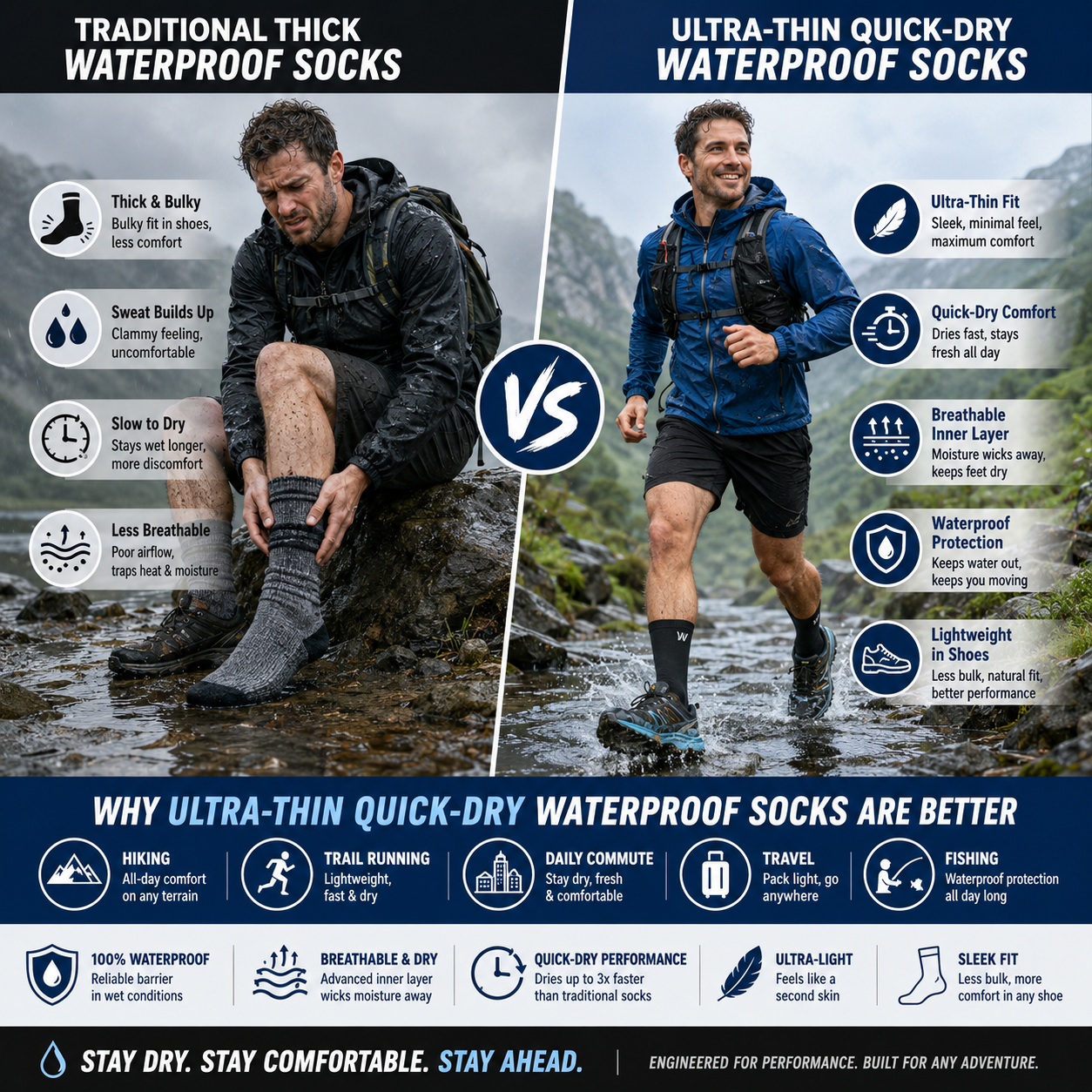 Ultra-thin quick-dry waterproof socks comparison against traditional thick waterproof socks