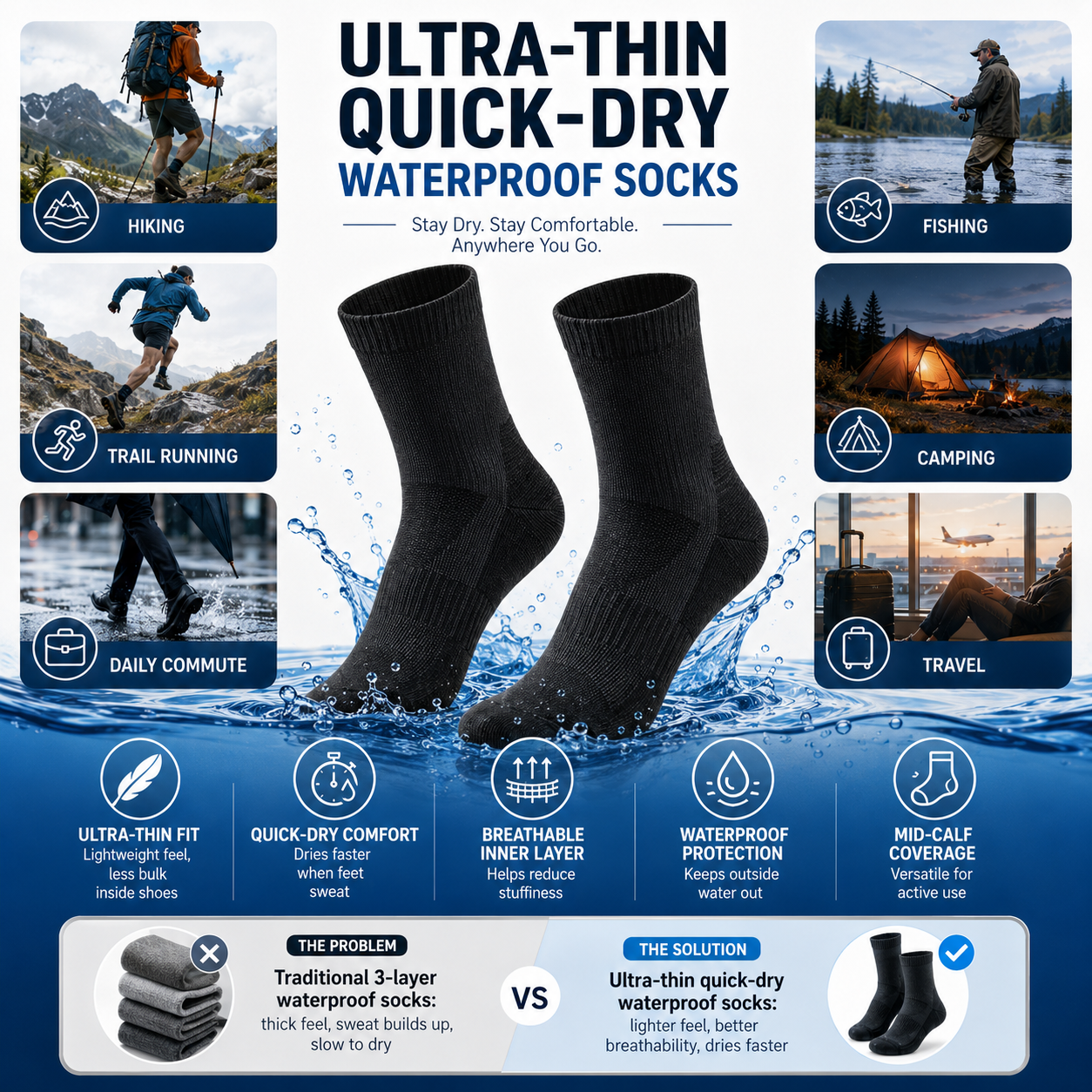 Ultra-thin quick-dry waterproof socks detail image for hiking running commute fishing camping and travel