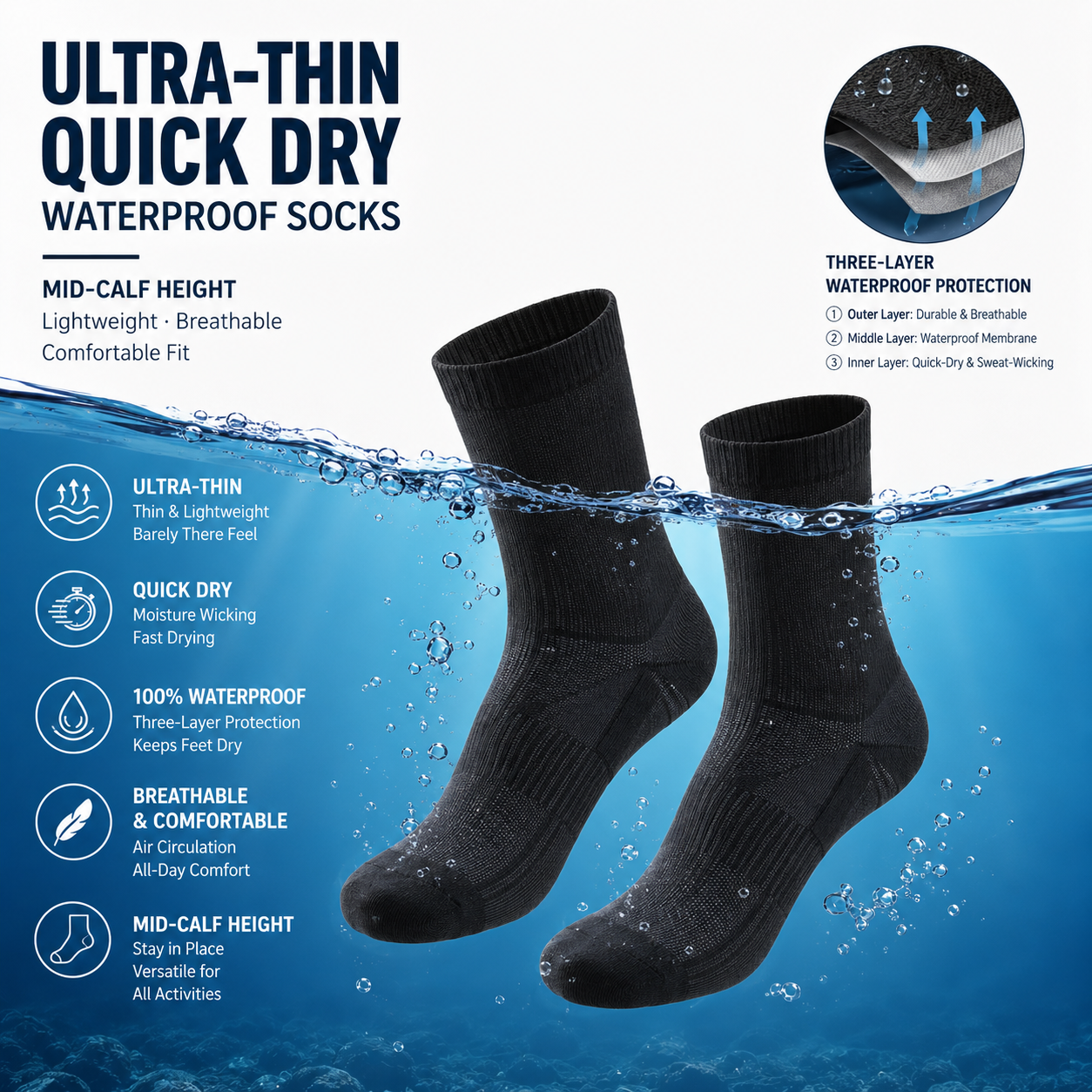 Ultra-thin quick-dry mid-calf waterproof socks with three-layer waterproof protection