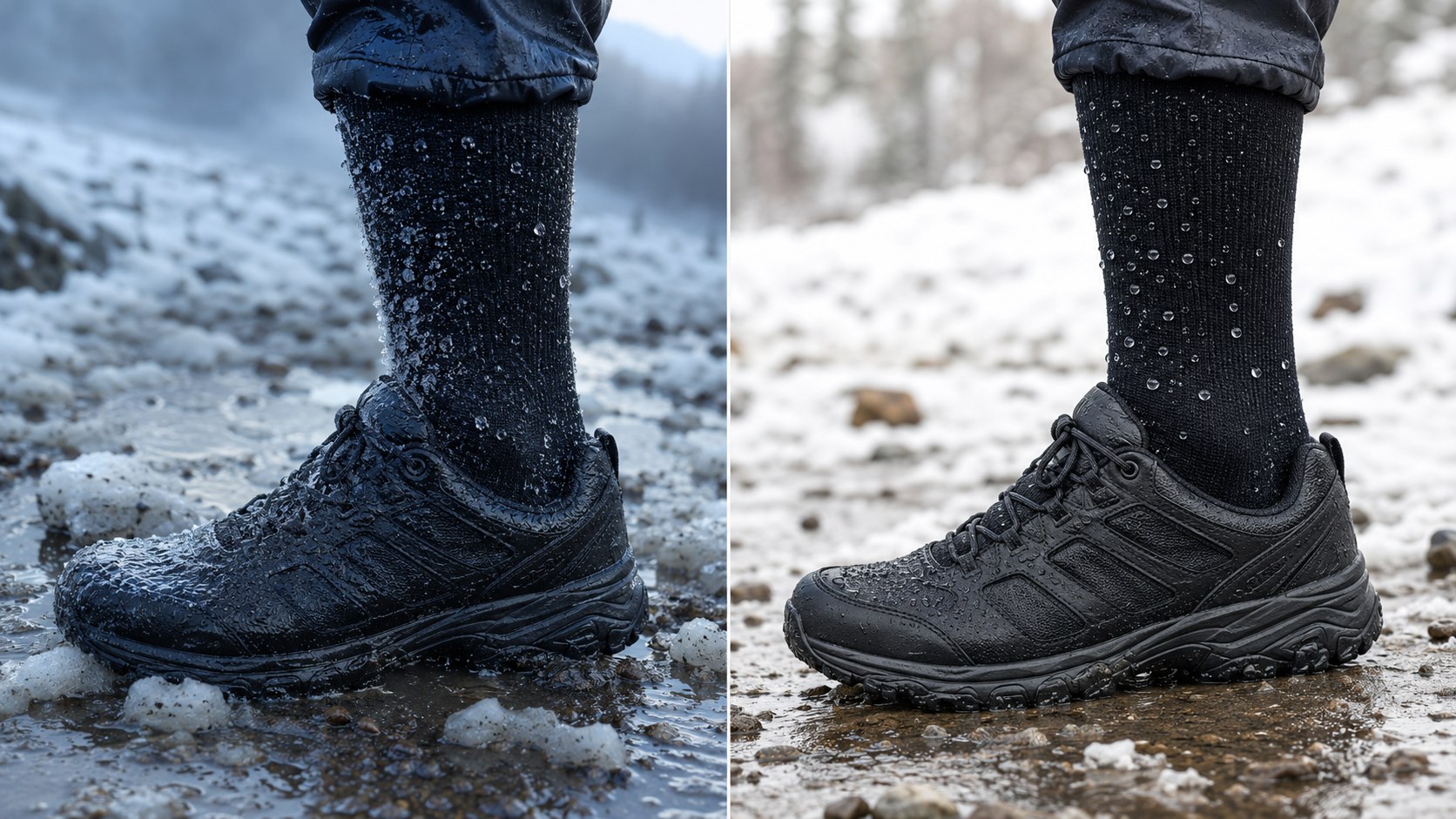 Comparison of regular waterproof socks and water-repellent waterproof socks in winter wet snow