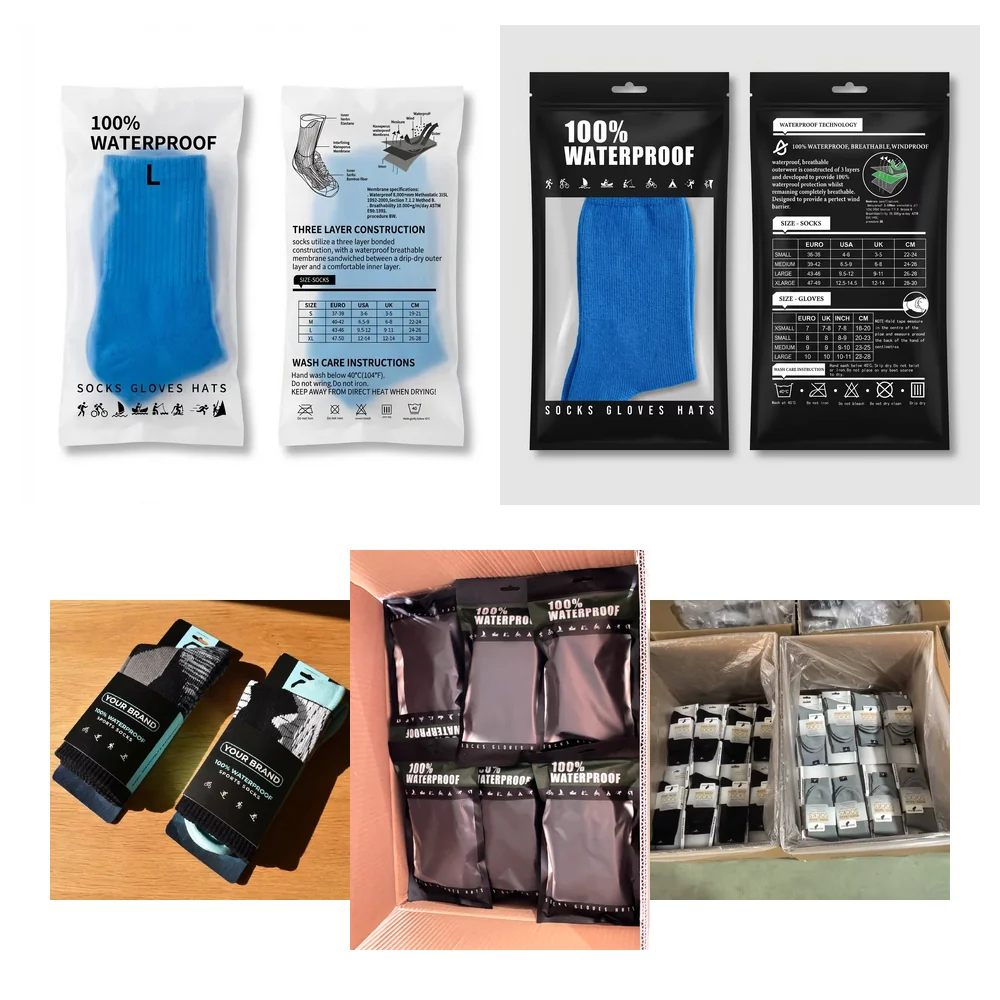 Private label packaging for waterproof socks including pouches sleeve cards labels and cartons