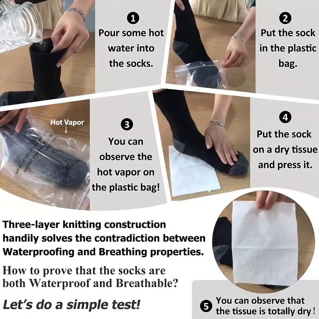 Waterproof breathable socks hot water plastic bag and dry tissue test