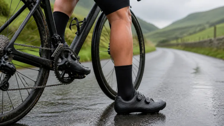Cyclist wearing black ultra-thin waterproof cycling socks and cycling shoes on a wet road