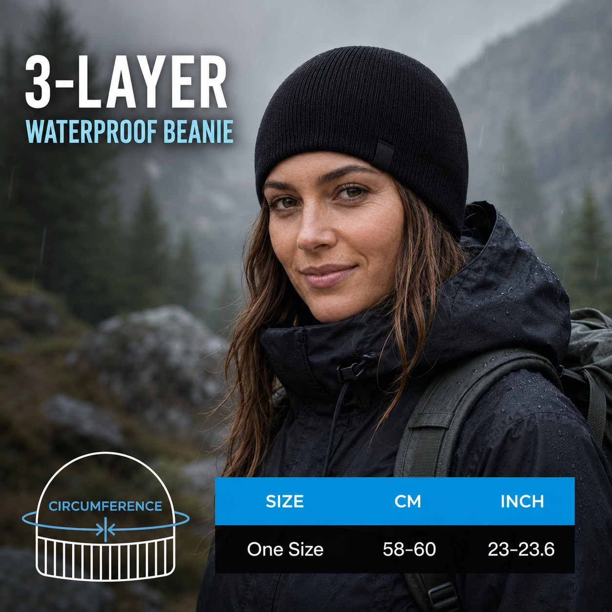 Waterproof beanie one size chart showing 58 to 60 cm head circumference