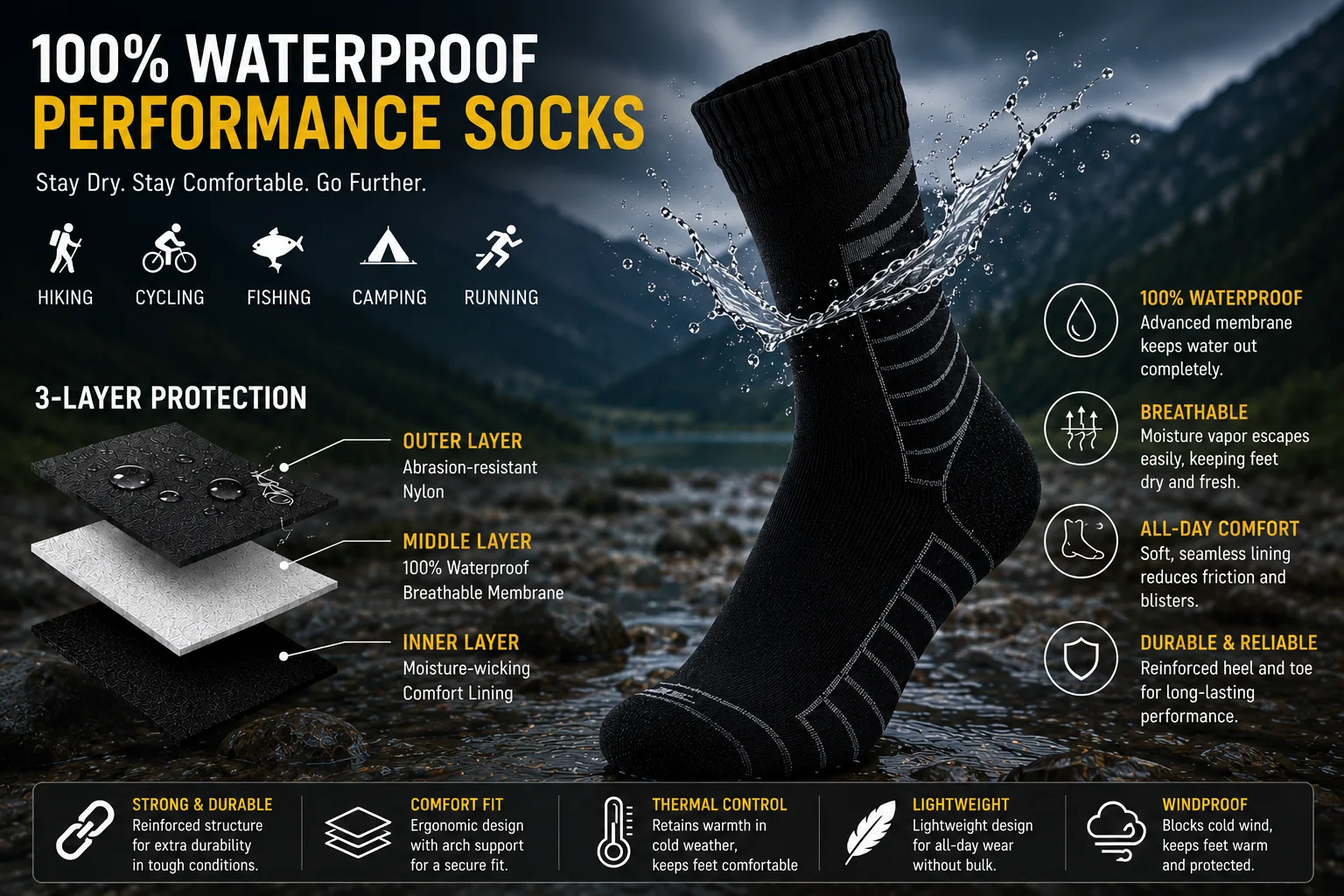 Waterproof performance socks selling points with three-layer protection and outdoor applications