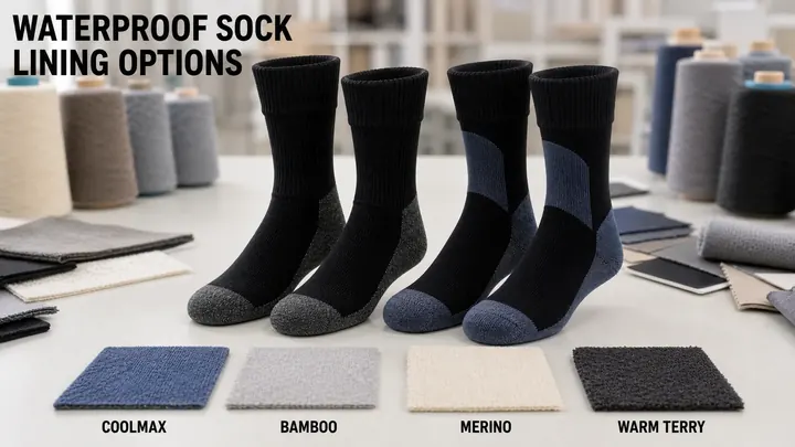 Four finished 3-layer waterproof socks with Coolmax bamboo merino and warm terry lining swatches