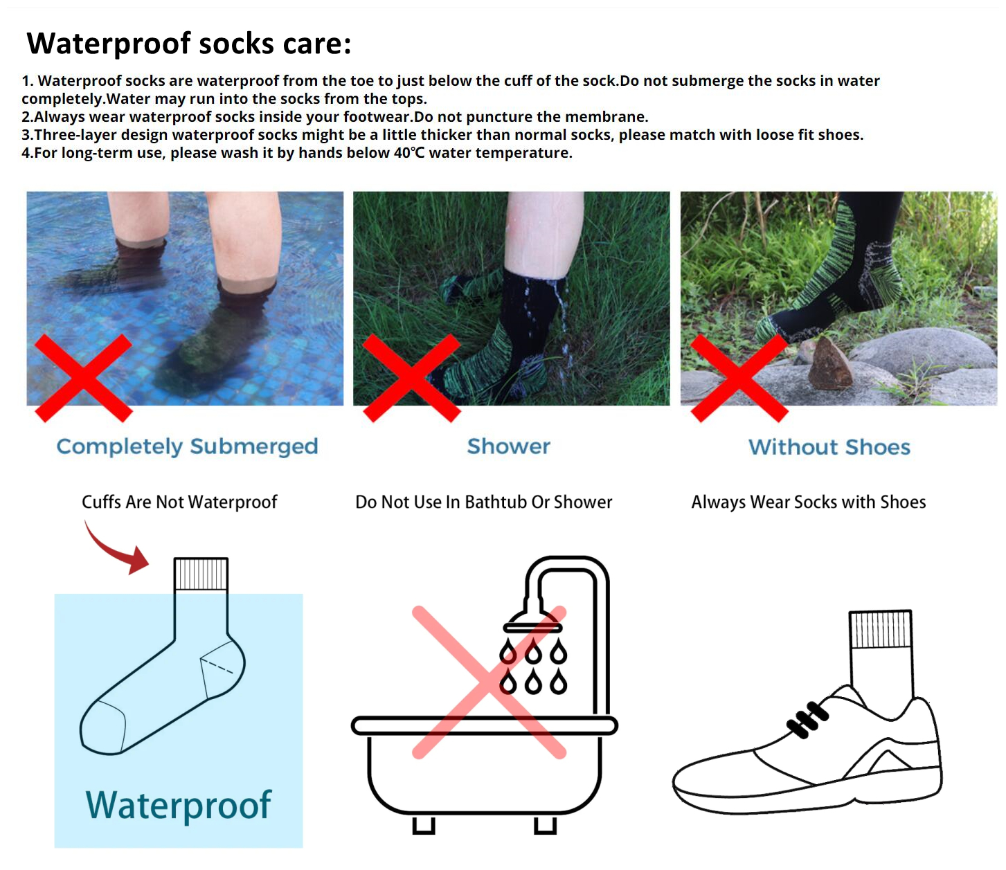 Waterproof socks care instructions showing cuff limits shoe use and washing notes
