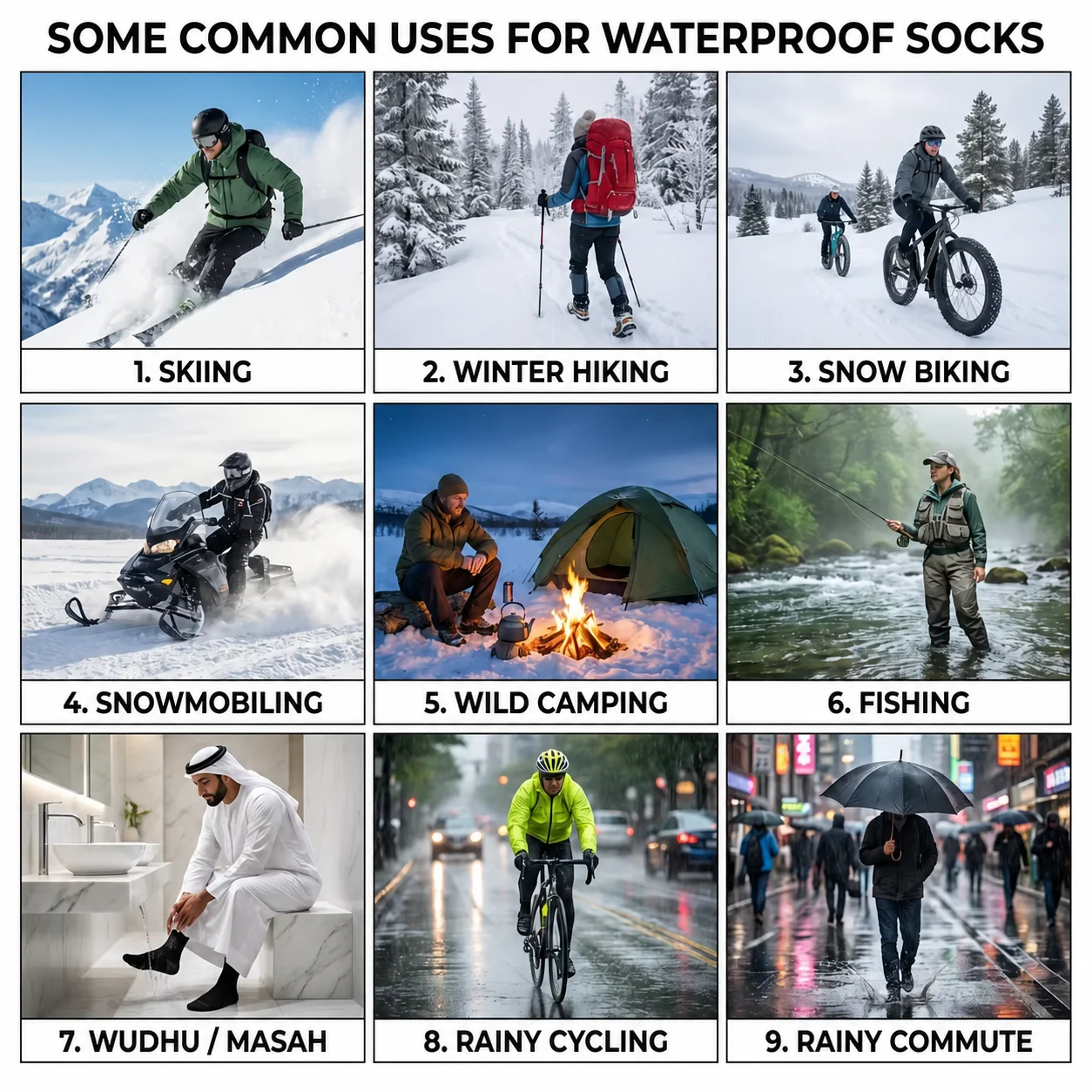 Waterproof socks used for skiing winter hiking snow biking camping fishing rainy cycling commuting and Wudhu