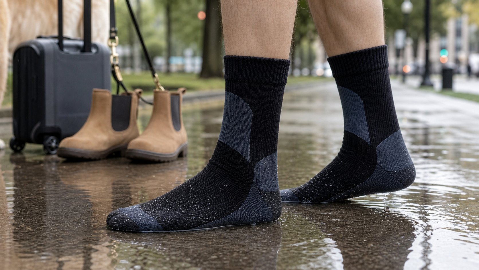 Black waterproof socks worn on rainy pavement for commuting dog walking and travel