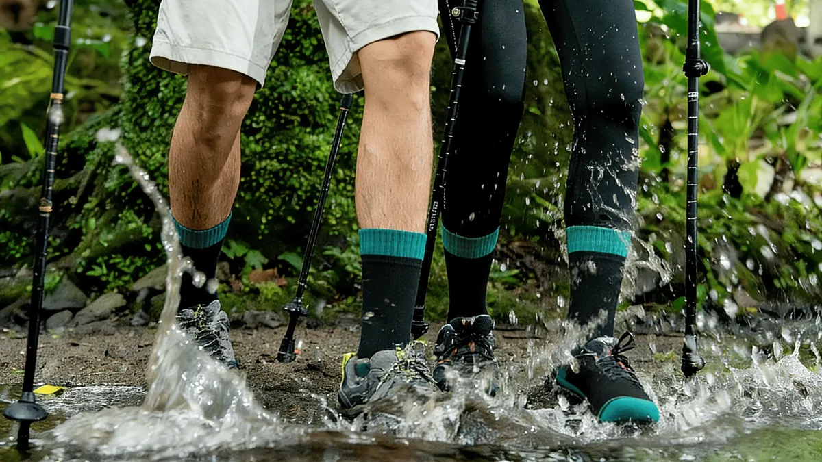 Outdoor waterproof socks crossing a wet forest trail