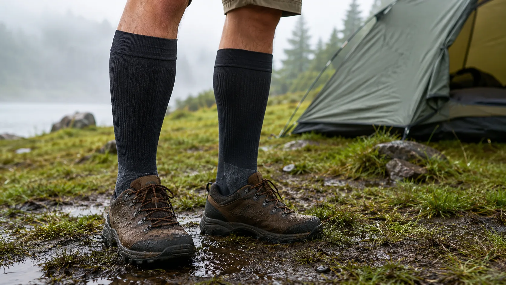 Knee-high waterproof socks worn at a wet campsite for hunting and camping buyers
