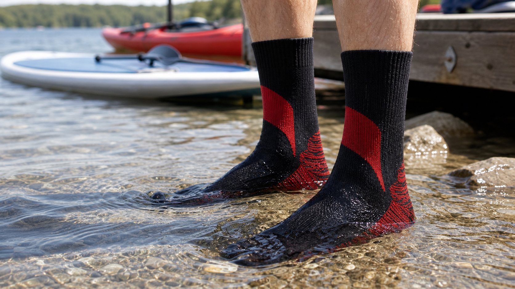 Black waterproof socks for kayaking boating paddleboarding and wet deck use
