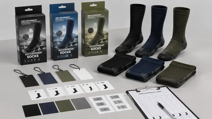 Private label waterproof sock packaging options with labels barcode artwork pouches sleeve cards and retail boxes