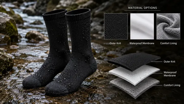 Three-layer waterproof socks material planning with outer layer membrane and inner lining options